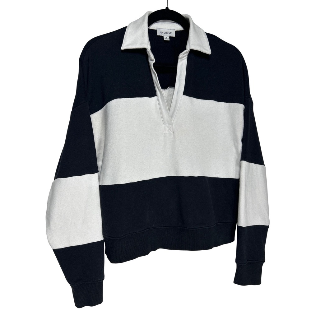Evereve Stripe Colorblock Rugby Sweatshirt Black White Collared V-Neck Size M